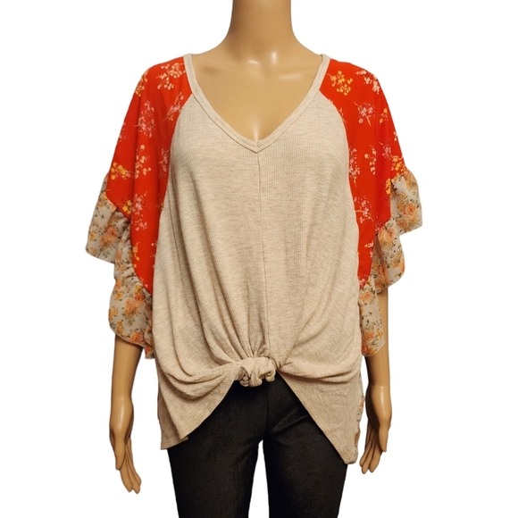 botanique Tops - Floral Knot Crop Front Ruffle Sleeve Blouse